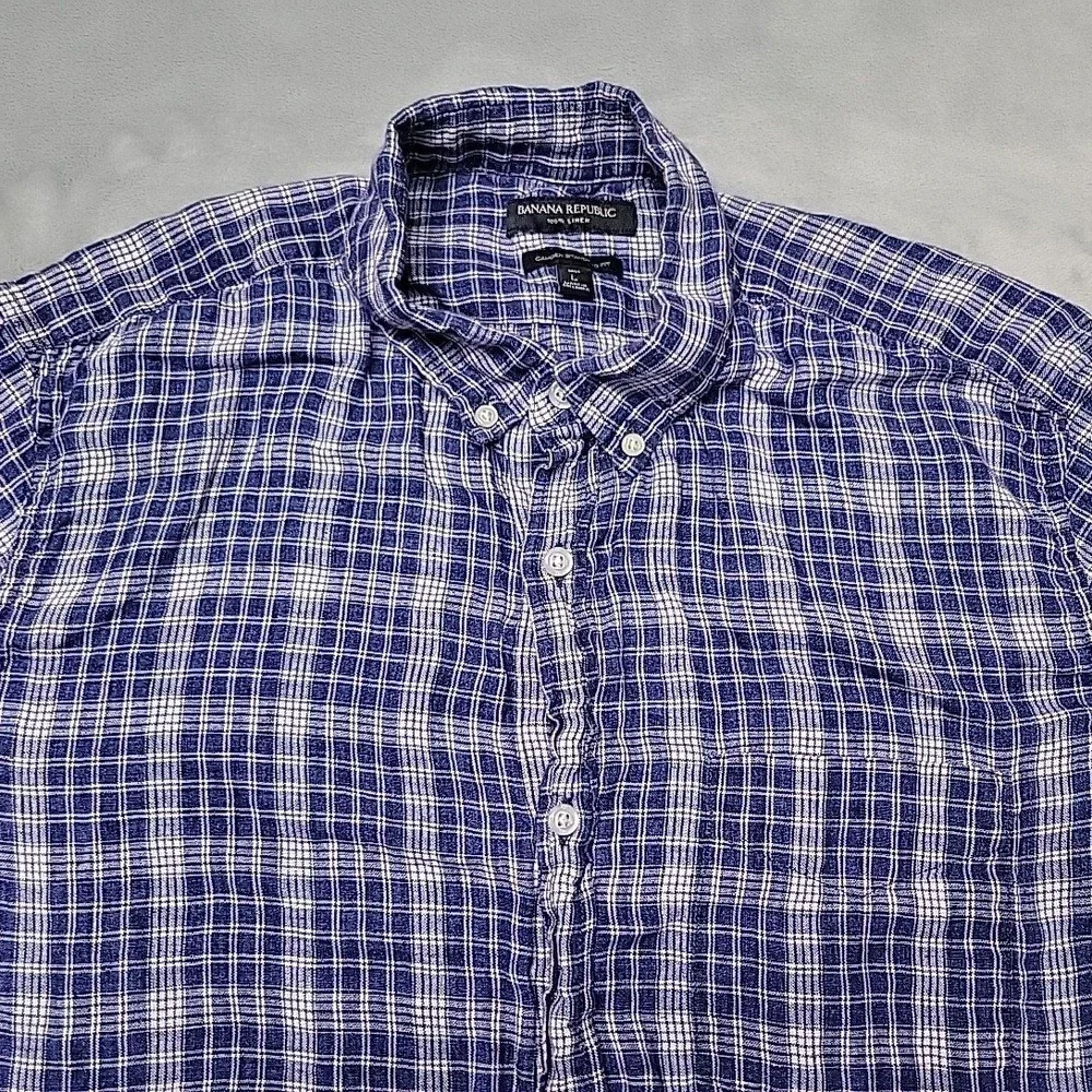 Banana Republic Shirt Mens Large Tall Blue 100% Linen Camden Plaid Button Down